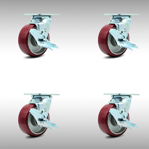 5 Inch SS Poly on Aluminum Swivel Caster Set with Ball Bearings and Brakes SCC